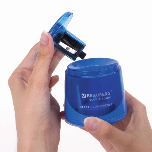 Точилка электрическая BRAUBERG DOUBLE BLADE BLUE, двойное лезвие, питание от 2 батареек AA - фото 7 - id-p221094898