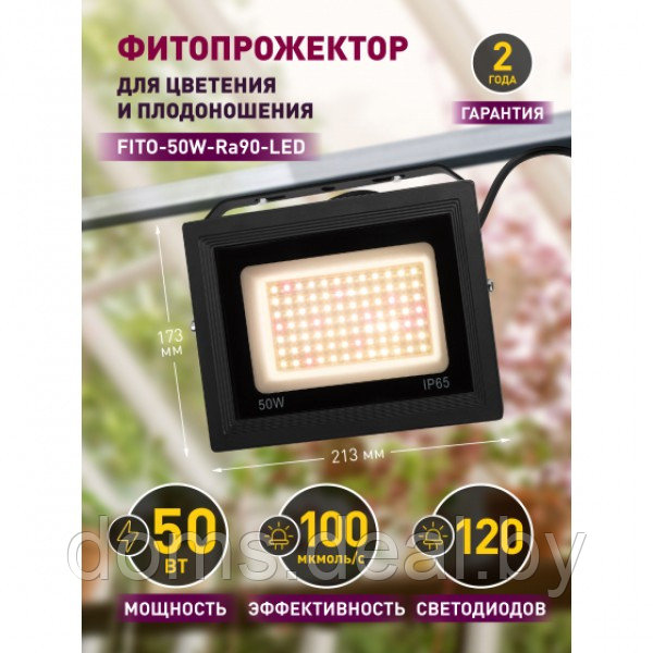Фитопрожектор для растений светодиодный ЭРА FITO-50W-Ra90-LED для цветения и плодоношения полного спектра 50Вт - фото 3 - id-p215935143
