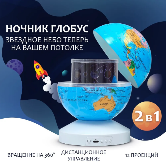 Ночник-проектор звездного неба Глобус Globe Projection , детский светильник ( 20 мелодий, 12 сменных картинок) - фото 1 - id-p218899406