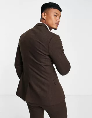 Супероблегающий коричневый твидовый пиджак из смесовой шерсти ASOS DESIGN Размер EU 48 - фото 2 - id-p221215142