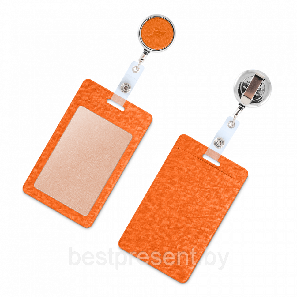 Карман с металлическим ретрактором - вертикальный, цвет оранжевый - фото 1 - id-p221226243