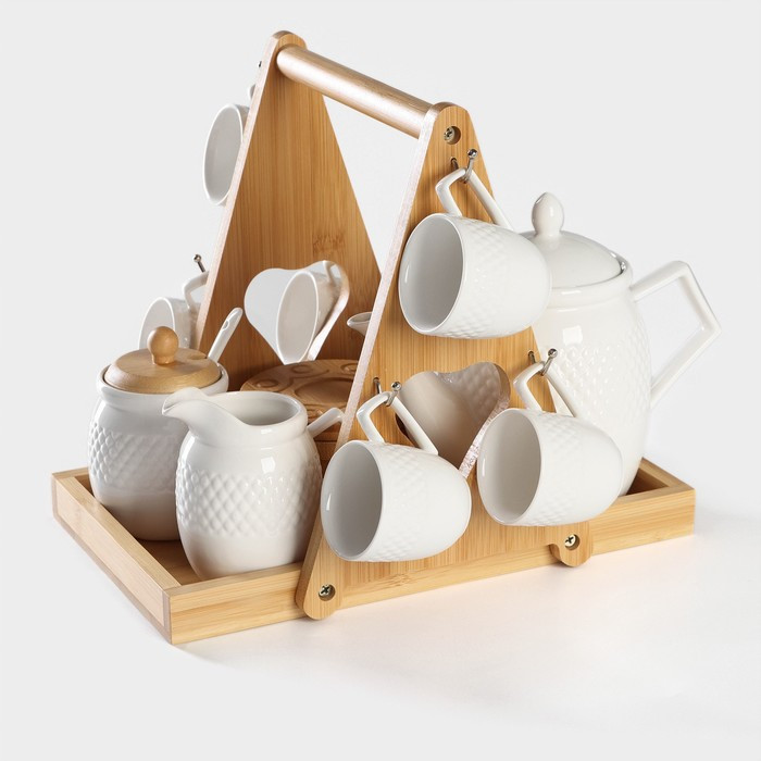 Набор кофейный фарфоровый на деревянной подставке Доляна «Эстет», 15 предметов: чайник 850 мл, 4 кружки 70 мл, - фото 1 - id-p221325979