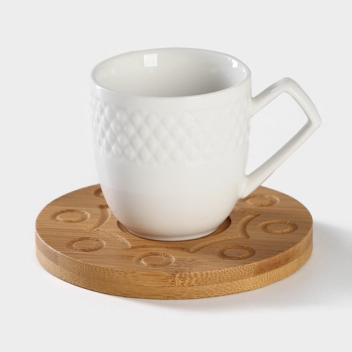 Набор кофейный фарфоровый на деревянной подставке Доляна «Эстет», 15 предметов: чайник 850 мл, 4 кружки 70 мл, - фото 2 - id-p221325979