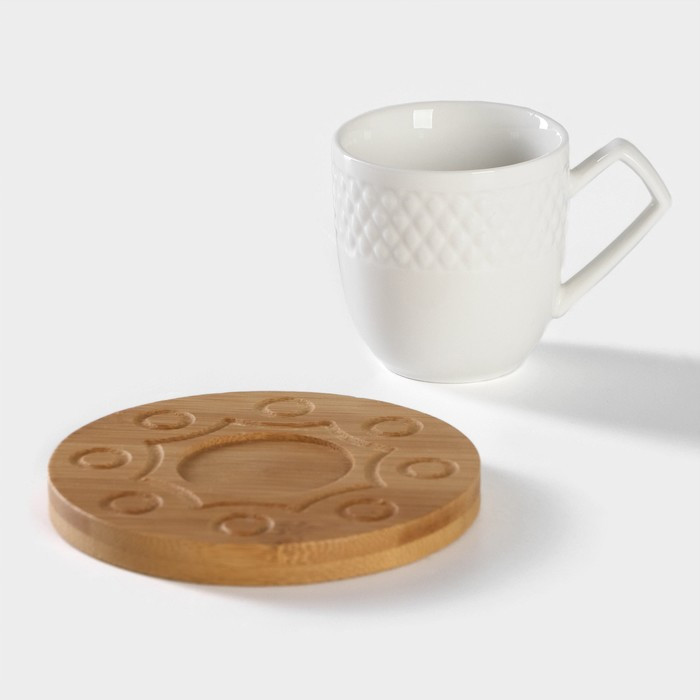Набор кофейный фарфоровый на деревянной подставке Доляна «Эстет», 15 предметов: чайник 850 мл, 4 кружки 70 мл, - фото 3 - id-p221325979