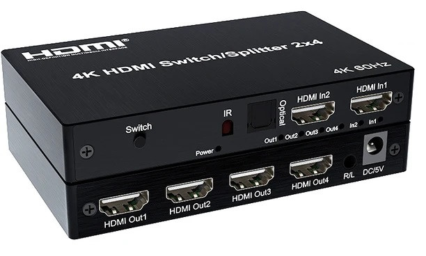 Матричный коммутатор - свитч-сплиттер 2×4 HDMI PRO, 4K 60HZ, оптика (Toslink/SPDIF), jack 3.5mm (AUX), пульт,