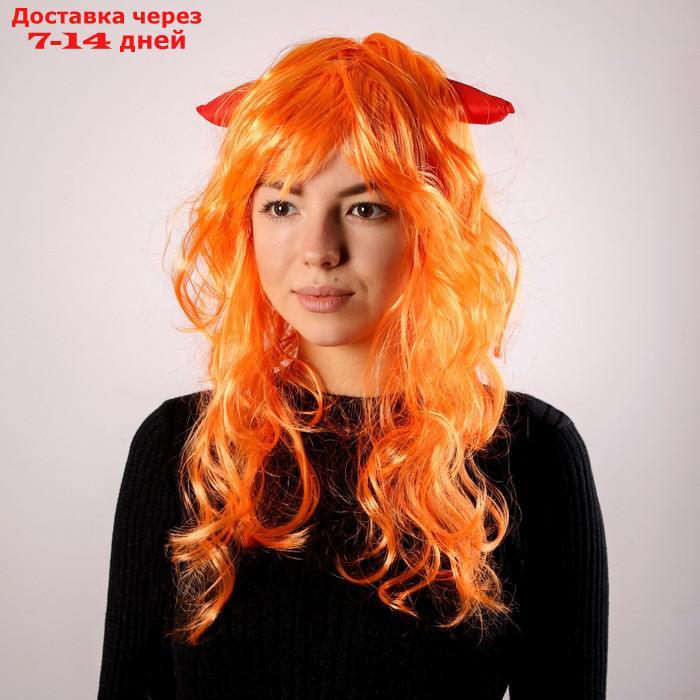 Карнавальный парик, с красными рогами, цвет рыжий, 130 г - фото 1 - id-p221316042