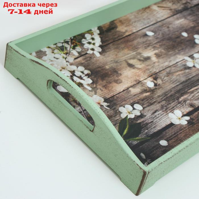 Поднос деревянный для завтрака "Прованс. Лепестки яблони", 43×27.5×7 см, зелёный - фото 3 - id-p221316637