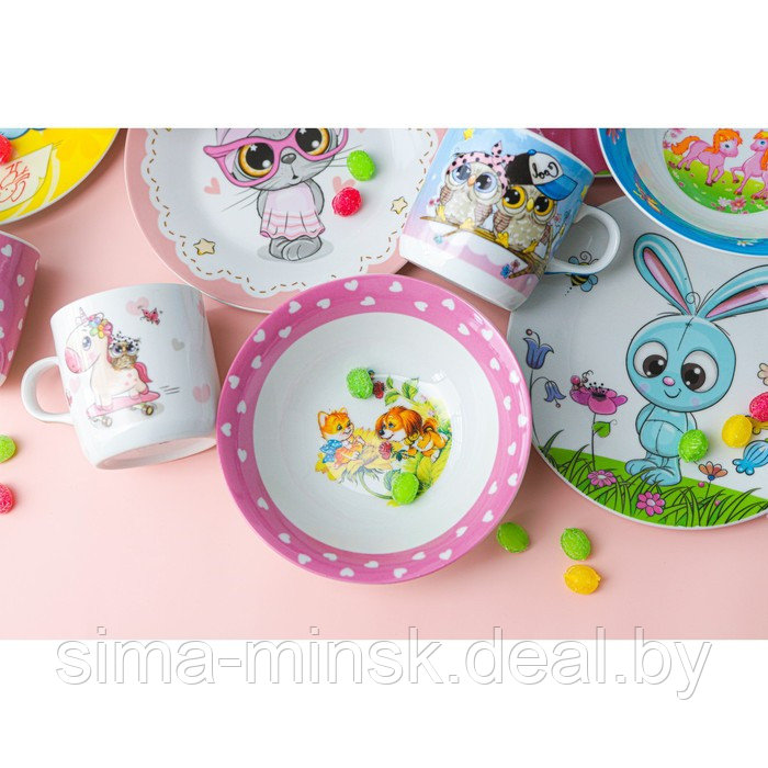 Набор детской посуды из керамики Доляна «Дружба», 3 предмета: кружка 230 мл, миска 400 мл, тарелка d=18 см - фото 8 - id-p221479184