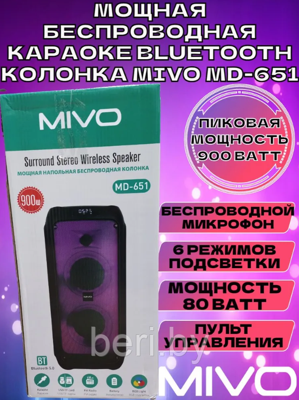 Колонка MIVO MD-651 60W +Микрофон беспроводной +Пульт | КАРАОКЕ | Портативная | BT SPEAKER - фото 7 - id-p221592379