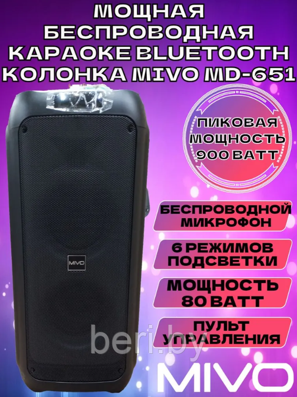 Колонка MIVO MD-651 60W +Микрофон беспроводной +Пульт | КАРАОКЕ | Портативная | BT SPEAKER - фото 2 - id-p221592379