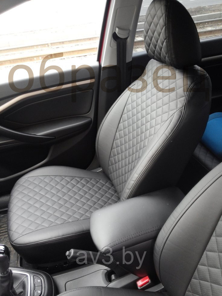 Чехлы на сиденья Nissan Almera G15, 2013-2022, спинка делится, Экокожа, черная, отстрочка РОМБ - фото 6 - id-p134181026