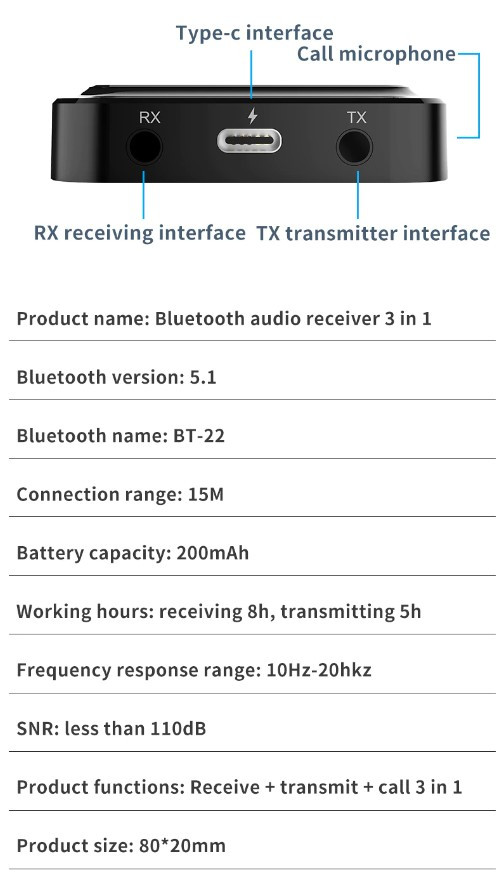 Беспроводной аудио адаптер Bluetooth v5.1 RX/TX приемник-передатчик BT-22 с микрофоном (Handsfree), черный - фото 5 - id-p221681660