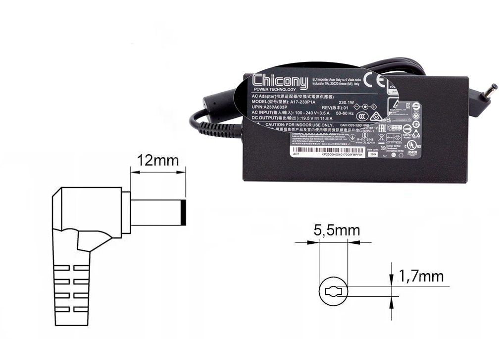 Оригинальная зарядка (блок питания) для ноутбука Acer A17-230P1A, A230A033P, 230W, штекер 5.5x1.7 мм - фото 1 - id-p221682701