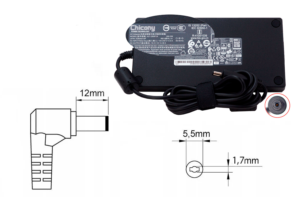 Оригинальная зарядка (блок питания) для ноутбука Acer PH315-55, A280A010P, 280W, штекер 5.5x1.7 мм - фото 1 - id-p221682705