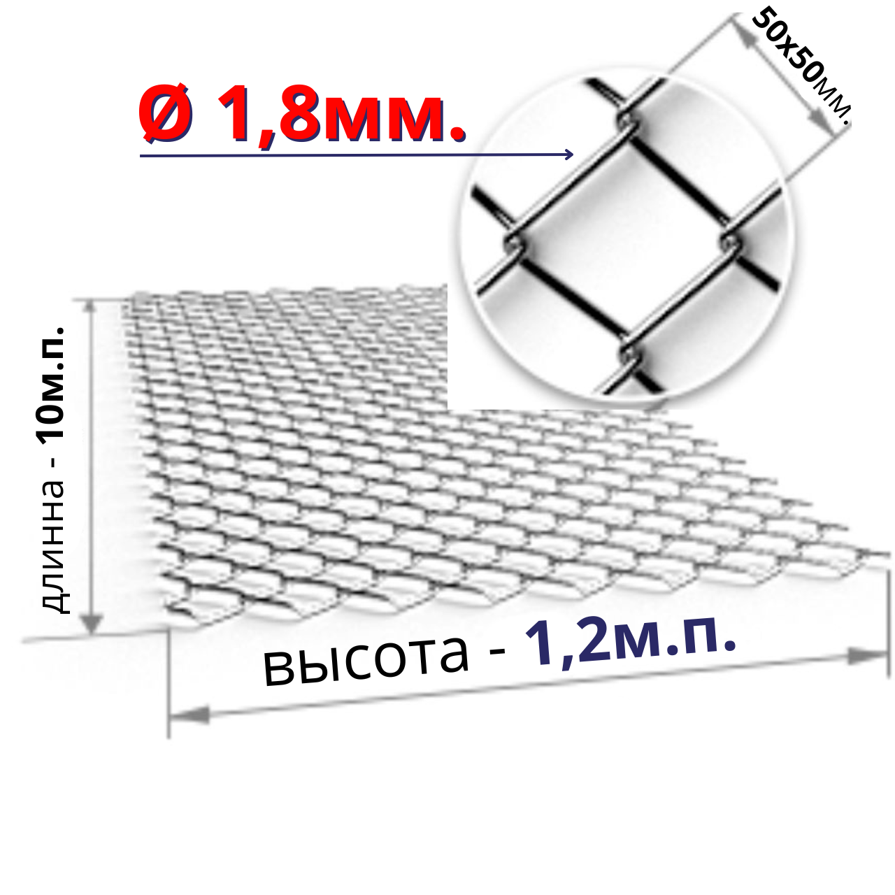 Сетка РАБИЦА 50*50*1,8мм., ОЦИНКОВАННАЯ 10*1,2м.п. - фото 1 - id-p221688866