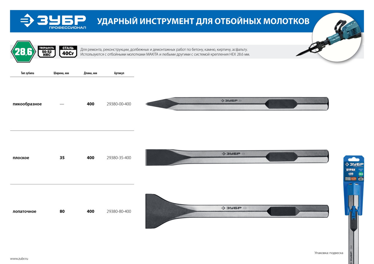 29380-00-400 ЗУБР HEX 28,6 (Макита тип) Зубило пикообразное 400 мм - фото 2 - id-p221700124