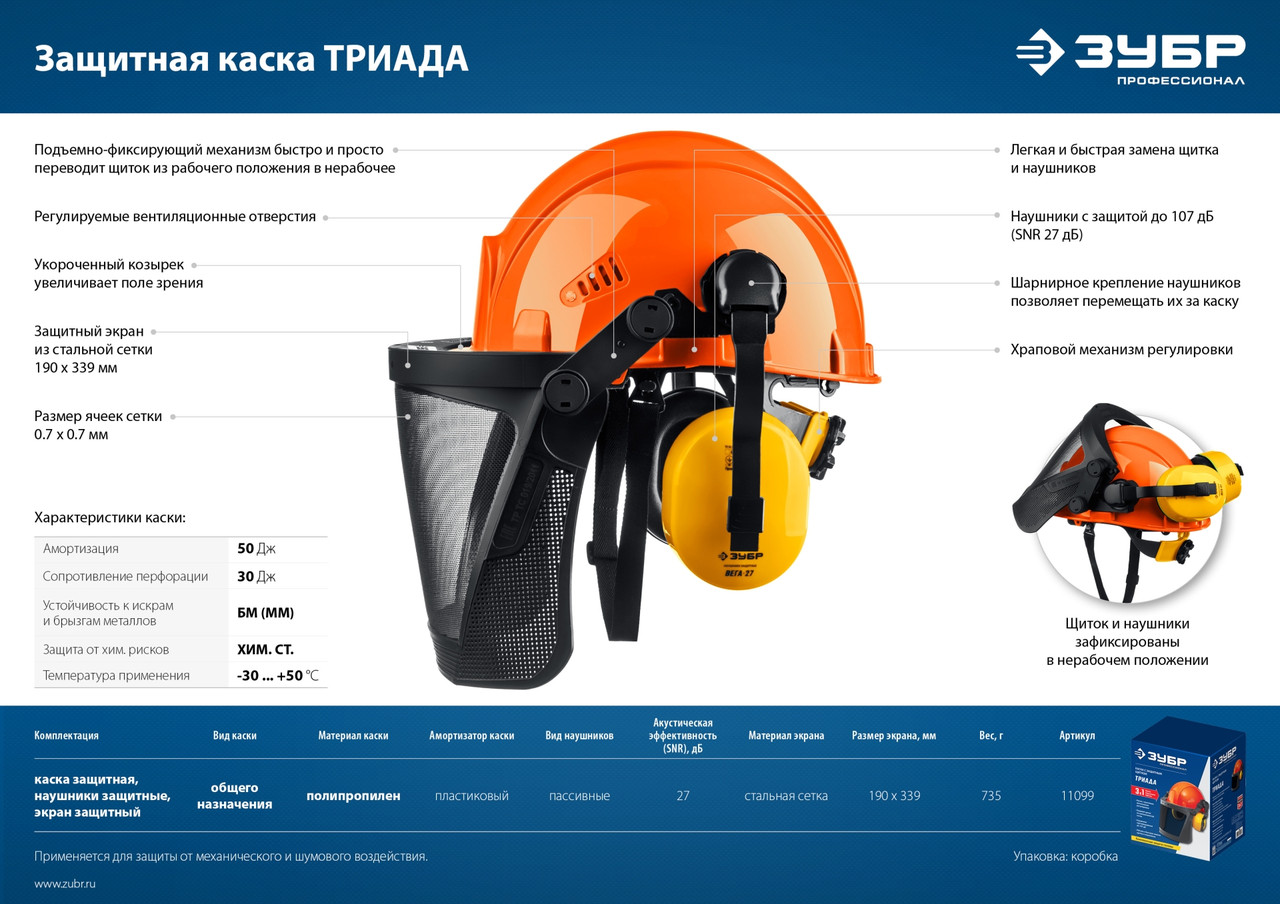 11099 Защитная каска ЗУБР ТРИАДА наушники SNR=27дБ, сетчатый экран 130х339мм, в комплекте с наушниками и - фото 7 - id-p221695590