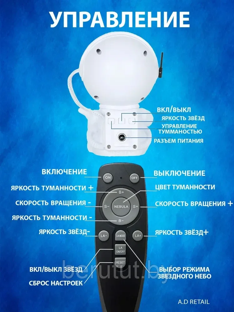 Светильник ночник проектор звездного неба Космонавт (Астронавт) - фото 10 - id-p221705210