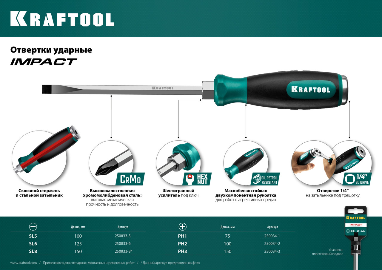 250034-2 Отвертка ударная ''Impact'', PH 2x100мм, KRAFTOOL, Cr-Mo, сквозной стержень, маслобензостойкая - фото 2 - id-p221703744