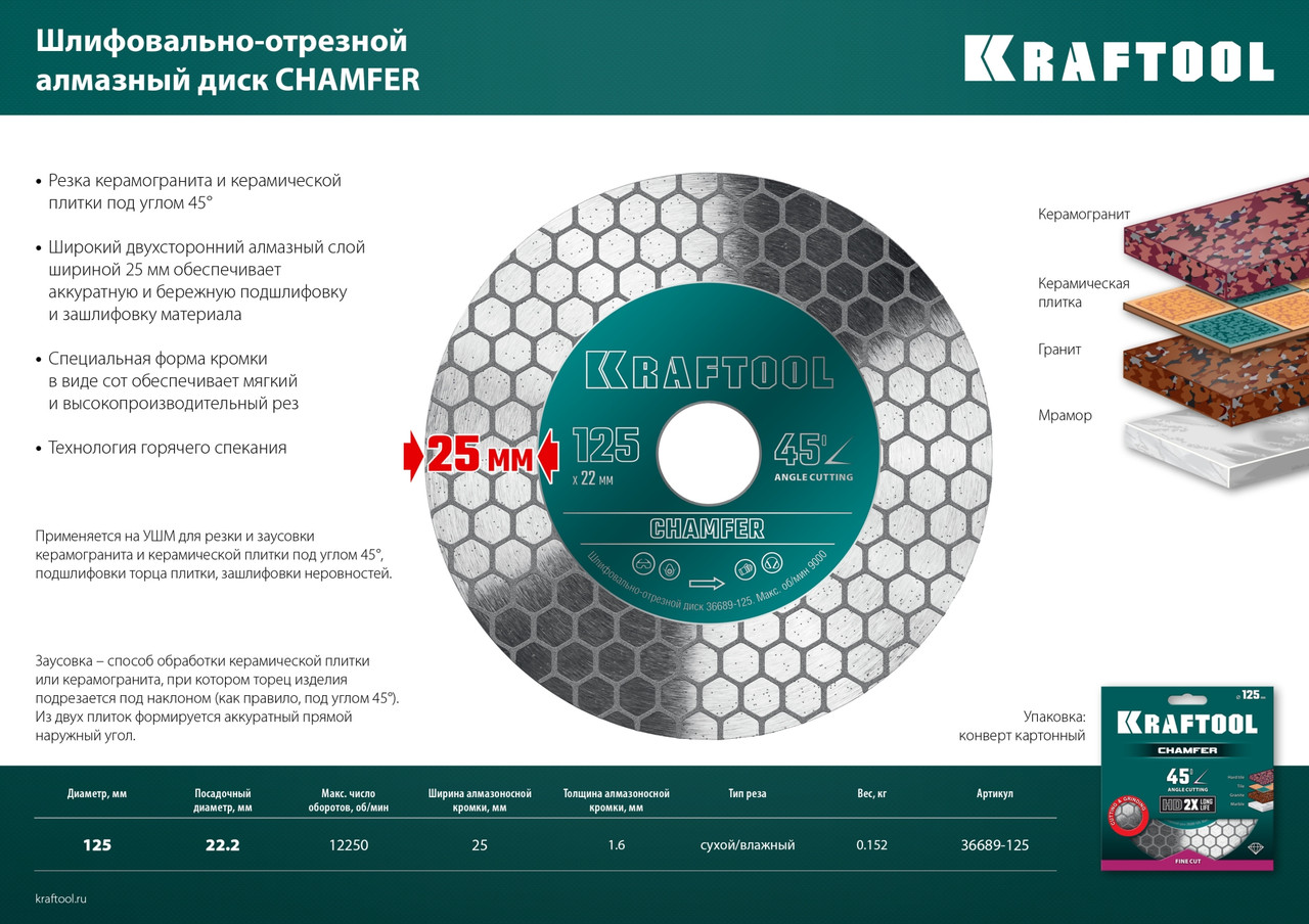 36689-125 Шлифовально-отрезной алмазный диск KRAFTOOL CHAMFER 125 мм (22.2 мм, 25х1.6 мм) - фото 4 - id-p221698955