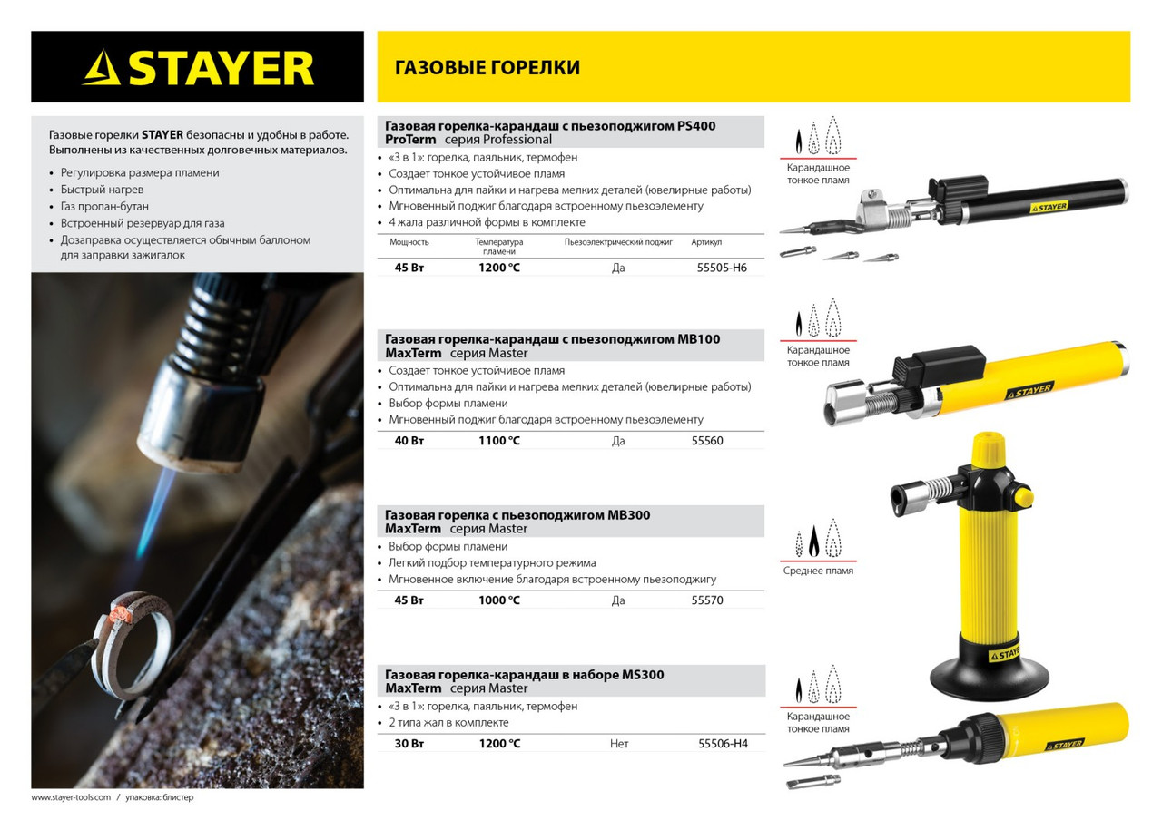 55505-H6 Газовый паяльник STAYER в наборе 2в1, 45 Вт, пьезоподжиг, горелка, фен, 4 жала, 1200°С, PS400 - фото 8 - id-p221705076