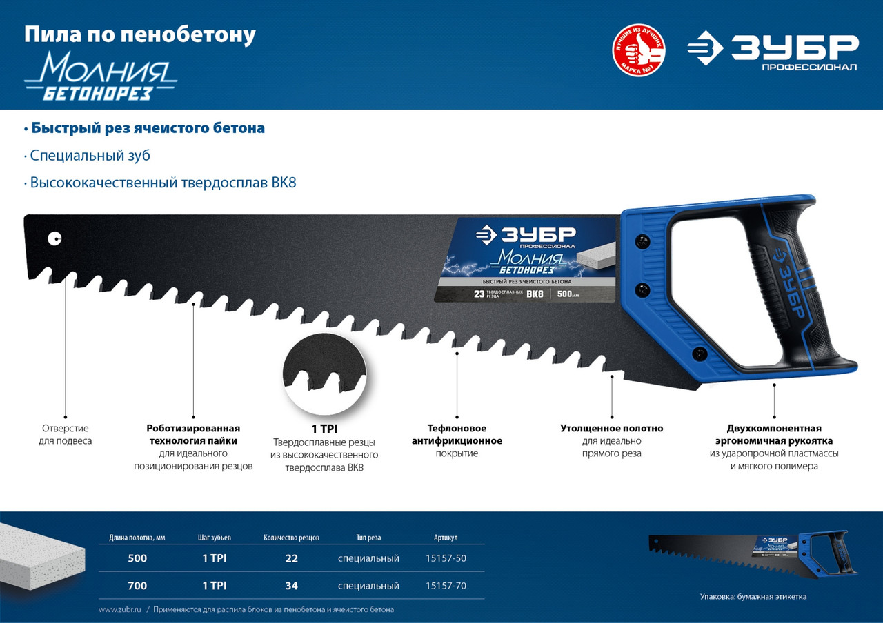15157-70 Ножовка по пенобетону (пила) ЗУБР БЕТОНОРЕЗ 700 мм, шаг 20 мм, 32 твердосплавных резца, - фото 2 - id-p221729843