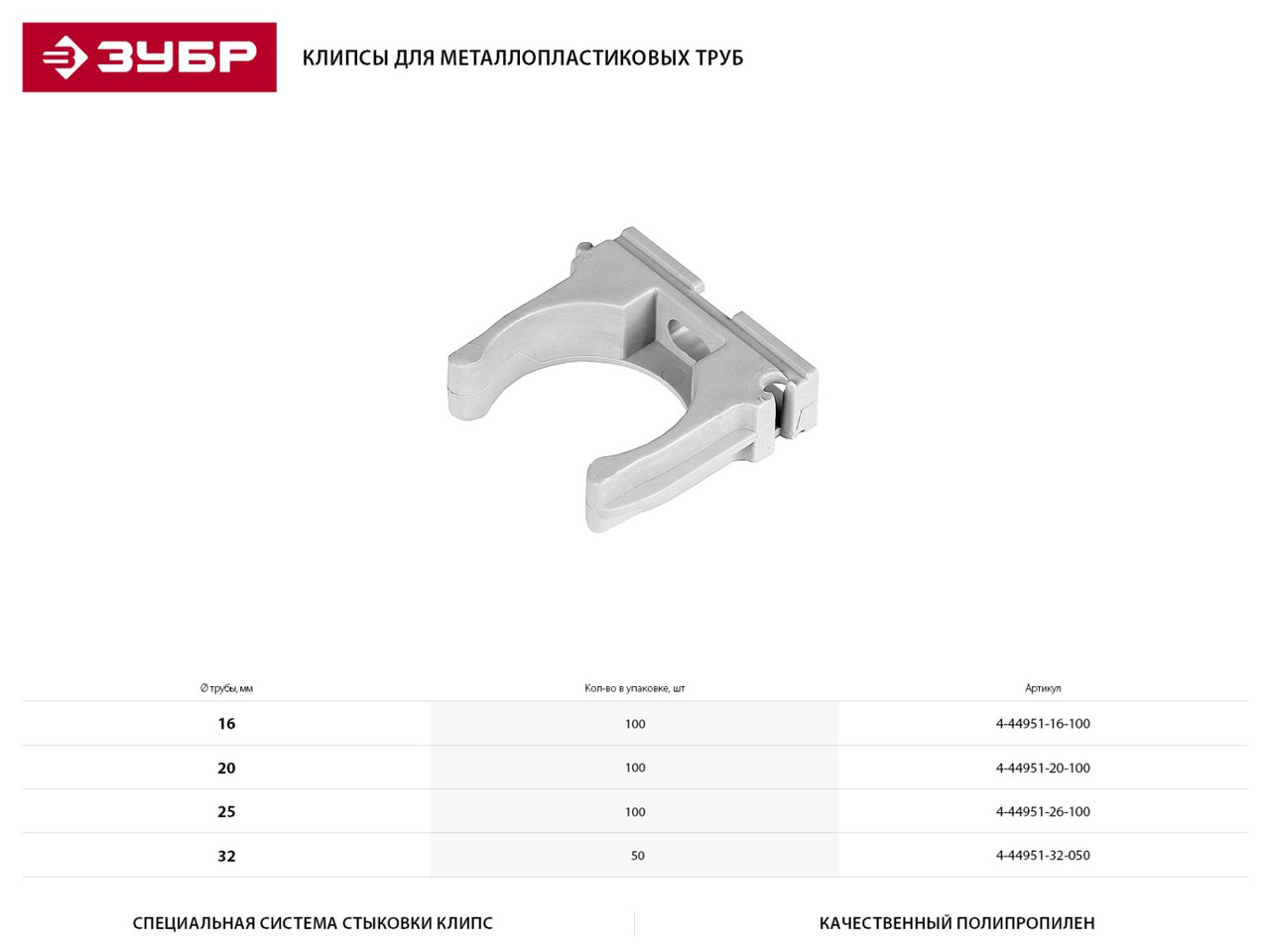 4-44951-26-100 Клипса полипропиленовая, для металлопластиковых труб, 25 мм, 100 шт, ЗУБР Мастер 4-44951-26-100 - фото 2 - id-p221725973