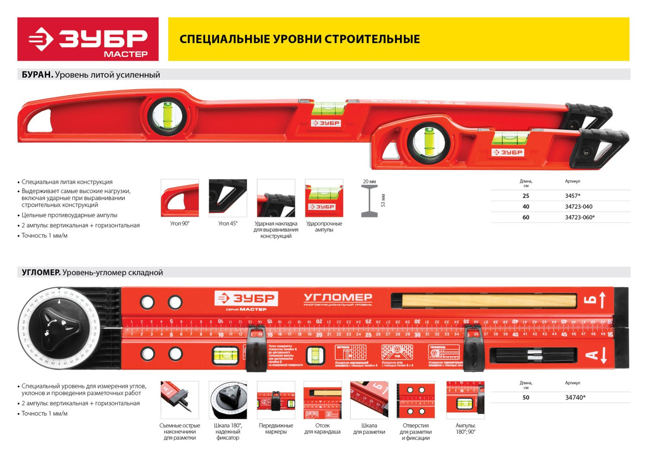 34740 Уровень-угломер ЗУБР ''МАСТЕР'' складной, 2 ампулы (1 поворотная), точность 1мм/м, 500мм - фото 3 - id-p221735079