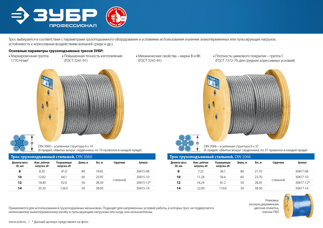 30415-10 Трос грузоподъемный стальной, оцинкованный, DIN 3060, d=10 мм, L=60 м, ЗУБР Профессионал - фото 2 - id-p221733096