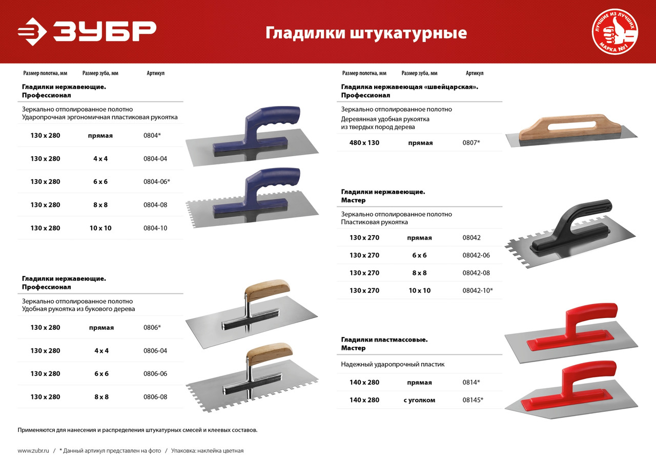 08042-10 ЗУБР Мастер 130х270мм, 10х10 мм, гладилка штукатурная зубчатая нержавеющая с пластиковой ручкой - фото 2 - id-p221728280