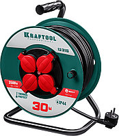 Удлинитель на катушке KRAFTOOL P-315, 30 м, 3500 Вт, 4 гнезда, IP44, ПВС 3x1,5 кв мм, 55084-30