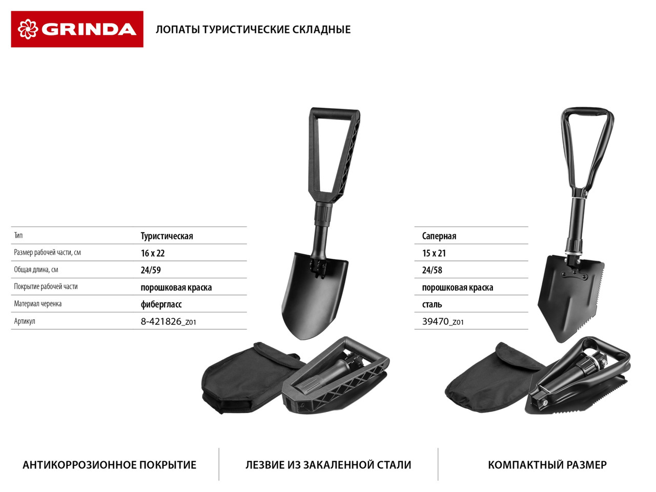 8-421826_z01 Лопата складная, туристическая, фиберглассовая рукоятка, GRINDA - фото 2 - id-p221730216