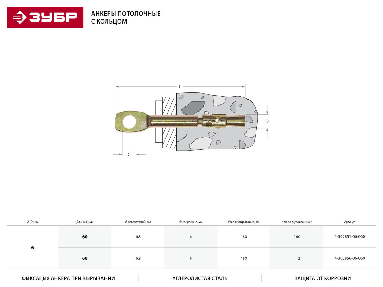 4-302856-06-060 Анкер потолочный, 6,0х60мм, 2шт, желтопассивированный, ЗУБР - фото 2 - id-p221733419