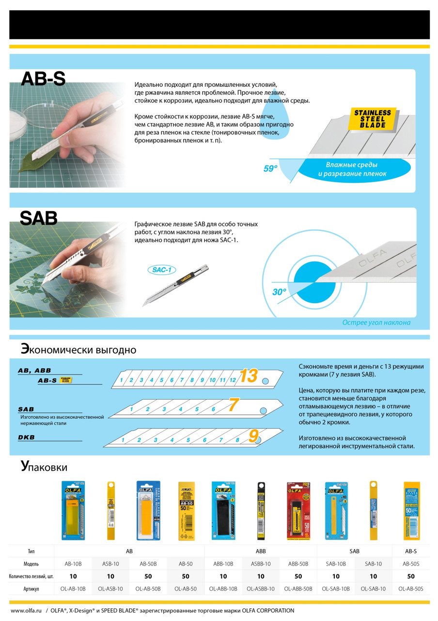 OL-SAB-10 Лезвие OLFA сегментированное для графических работ, 9 мм, 10 шт, в боксе - фото 3 - id-p221729638