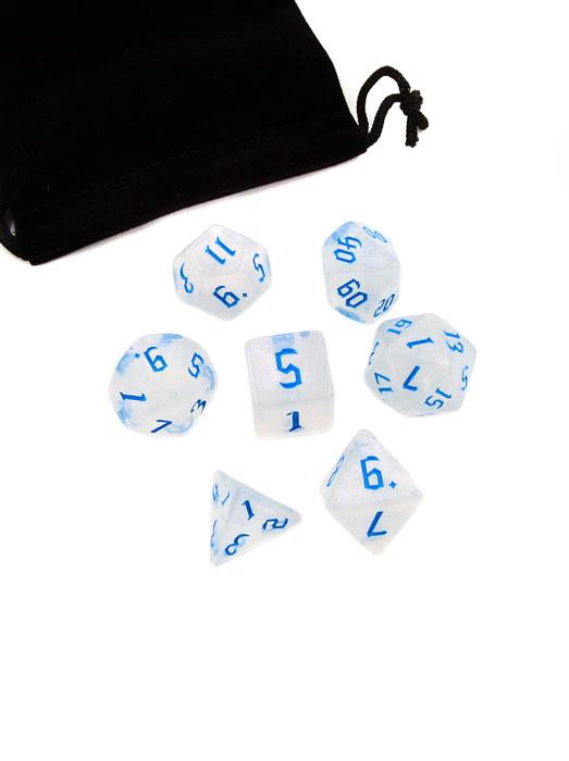 Набор кубиков для ролевых игр STUFF PRO 7 шт. с мешочком. Жемчужный с синими цифрами - фото 1 - id-p221934011