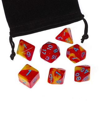 Набор кубиков для ролевых игр STUFF PRO 7 шт. с мешочком. Жёлто-красный с голубыми цифрами, фото 2