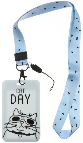 Бейдж пластиковый на тесьме с карабином Meshu 50*80 мм, Cat Day, голубой - фото 2 - id-p221675979