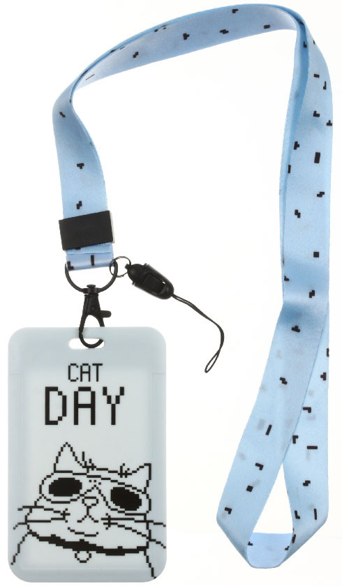 Бейдж пластиковый на тесьме с карабином Meshu 50*80 мм, Cat Day, голубой - фото 3 - id-p221675979