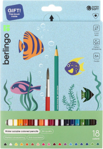 Карандаши цветные акварельные Berlingo SuperSoft «Рыбки» + кисть 18 цветов, длина 180 мм