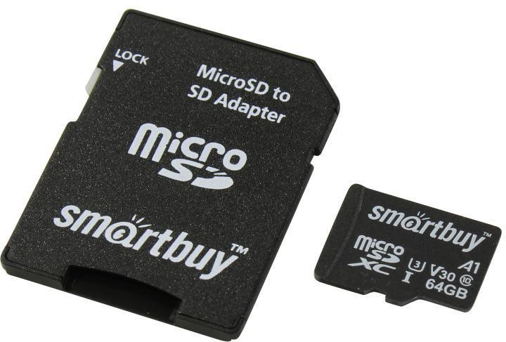 Карта памяти SmartBuy SB64GBSDU1A-AD microSDXC 64Gb UHS-I U3 A1 V30 + microSD-- SD Adapter - фото 1 - id-p222074894