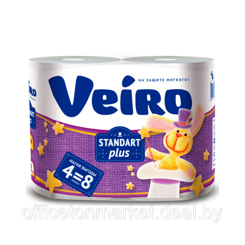 Бумага туалетная "Veiro Standart Plus", 2 слоя, 4 рулона - фото 1 - id-p222166233