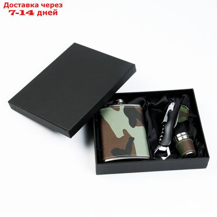 Подарочный набор 5 в 1 "Хаки": фляжка 270 мл + 2 рюмки, брелок, нож с открывалкой - фото 1 - id-p222168304
