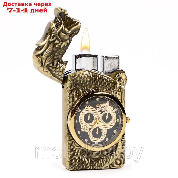 Зажигалка газовая с часами "Дракон", пьезо, золото - фото 2 - id-p222179220