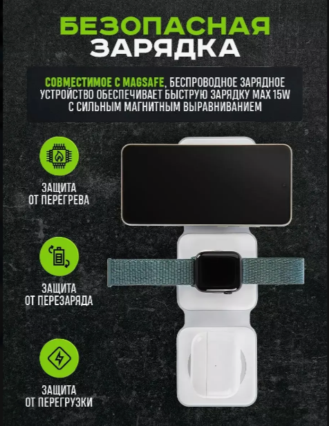 Складная магнитная док-станция зарядки Magnetic Wireless charger 3 в 1 - фото 8 - id-p222242842