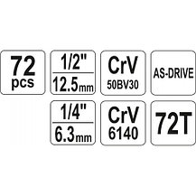 Набор инструмента 1/2", 1/4" (72пр.) CrV "Yato" YT-38782, фото 3