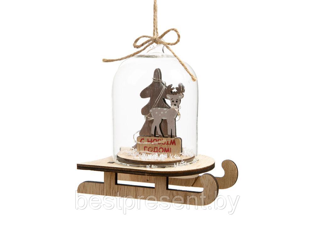 Новогоднее украшение Олень в колбе из древесины тополя и стекла, со светодиодной подсветкой - фото 1 - id-p222299911
