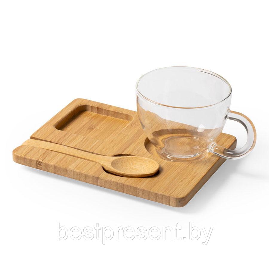 Набор MORKEL: чашка, ложка, подставка, бамбук, боросиликатное стекло - фото 1 - id-p222304811