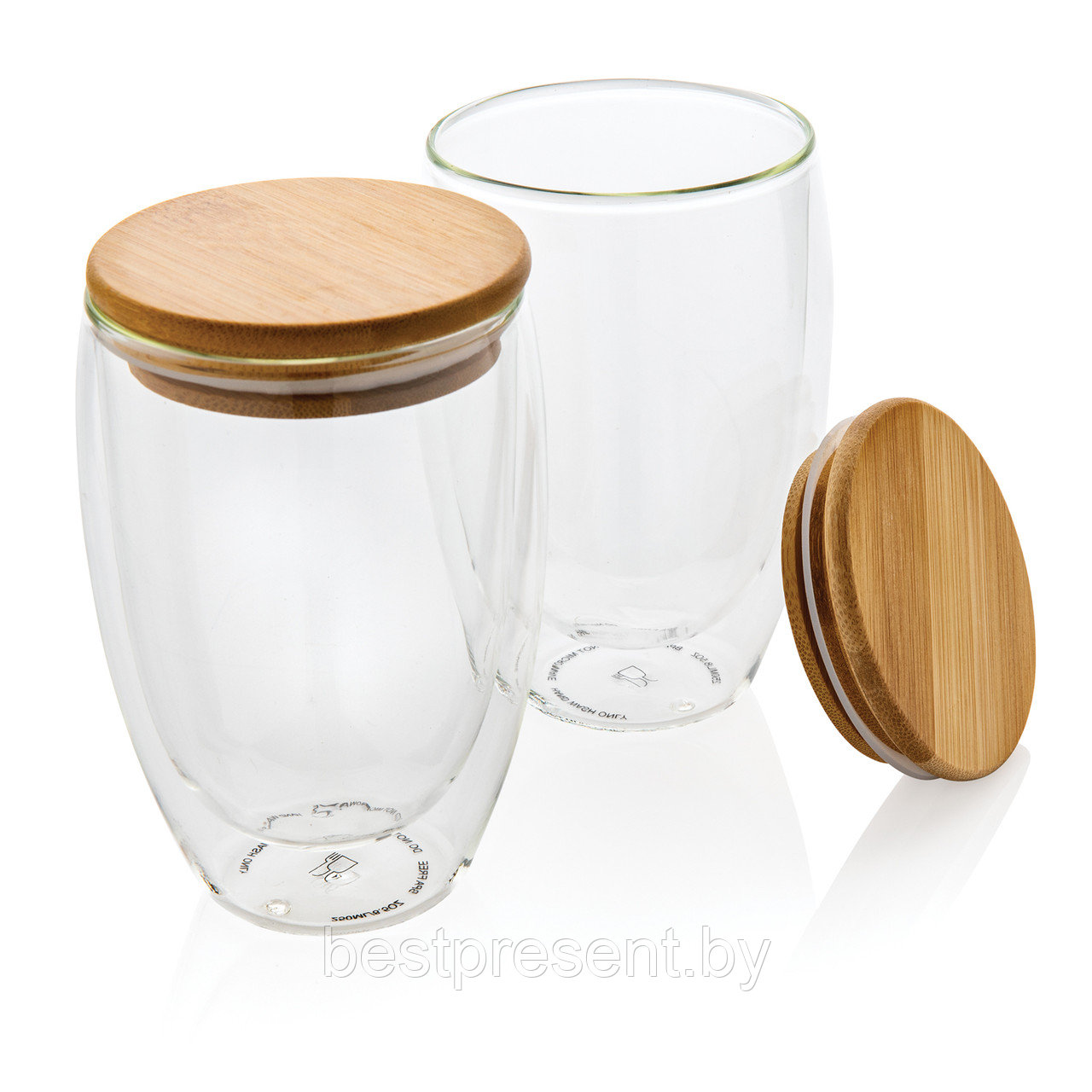 Набор стаканов из боросиликатного стекла с двойными стенками и бамбуковой крышкой, 350 мл, 2 шт. - фото 1 - id-p222307291