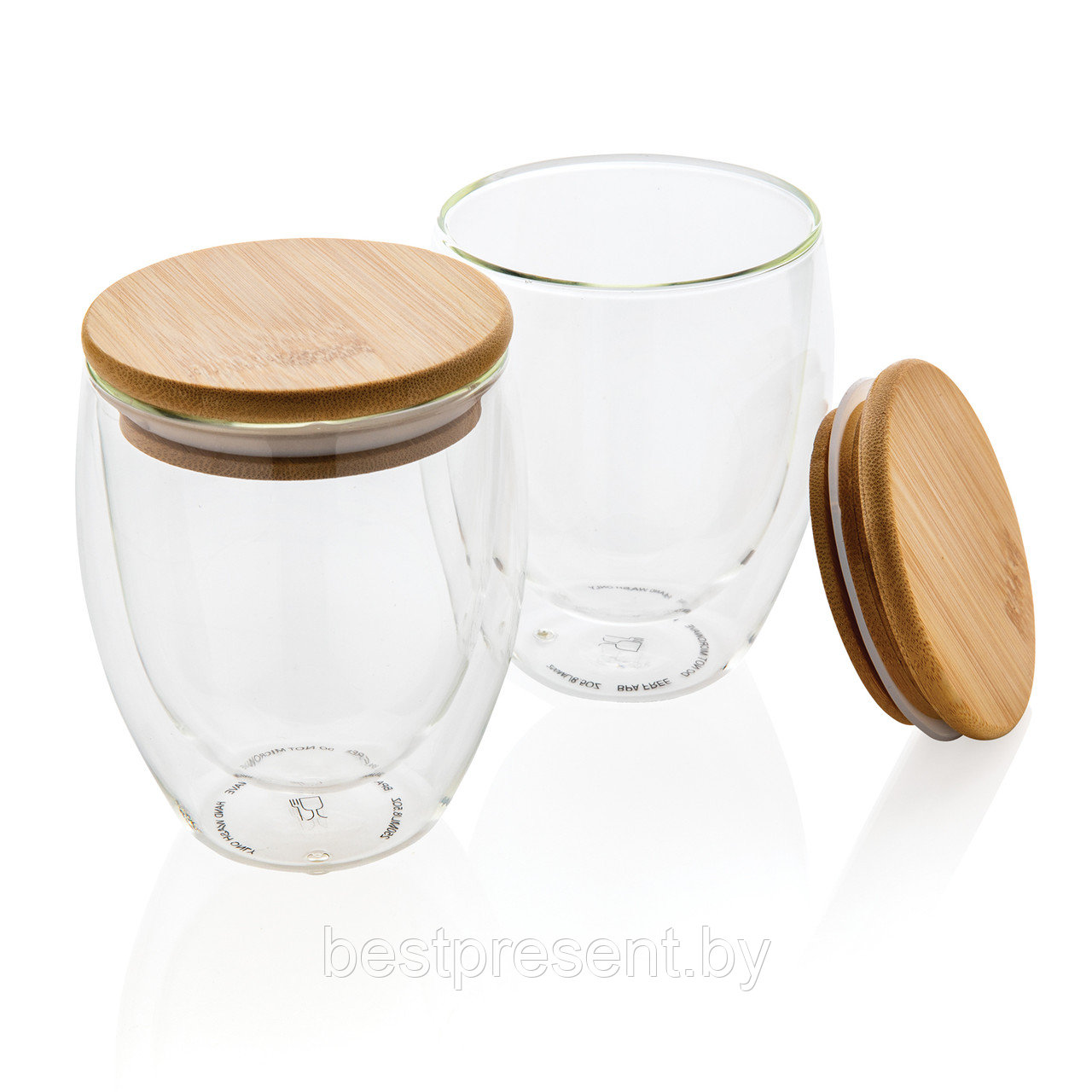Набор стаканов из боросиликатного стекла с двойными стенками и бамбуковой крышкой, 250 мл, 2 шт. - фото 1 - id-p222307293