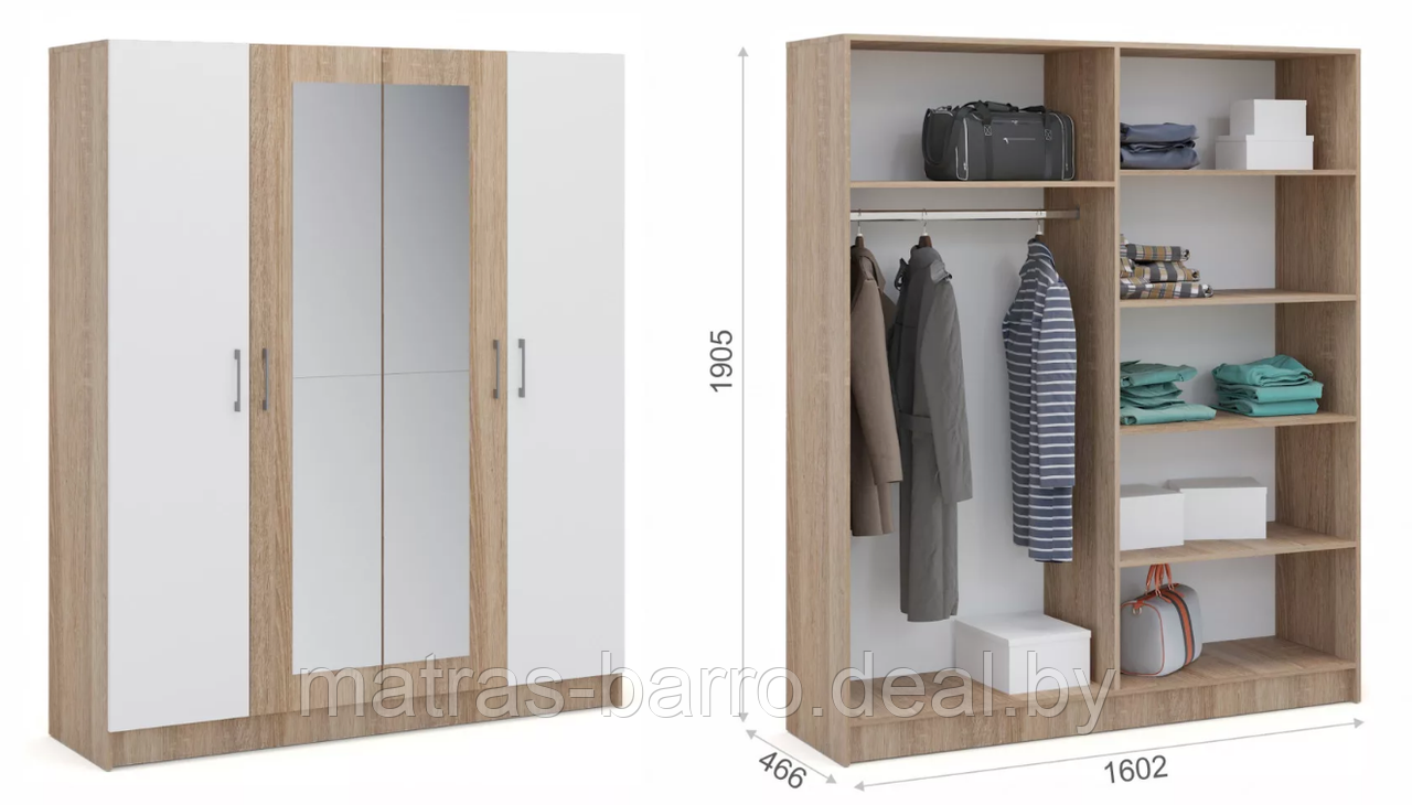 Распашной шкаф Алена 4дв с зеркалами дуб сонома/белый - фото 1 - id-p154273760